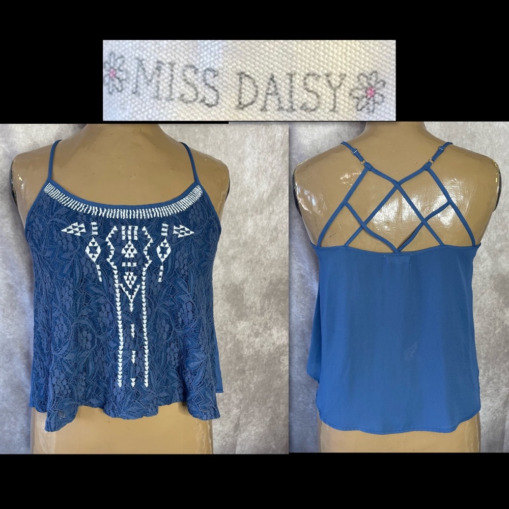 Miss Daisy Blue & White Embroidered Tribal Strappy Tank Top Juniors Size Large